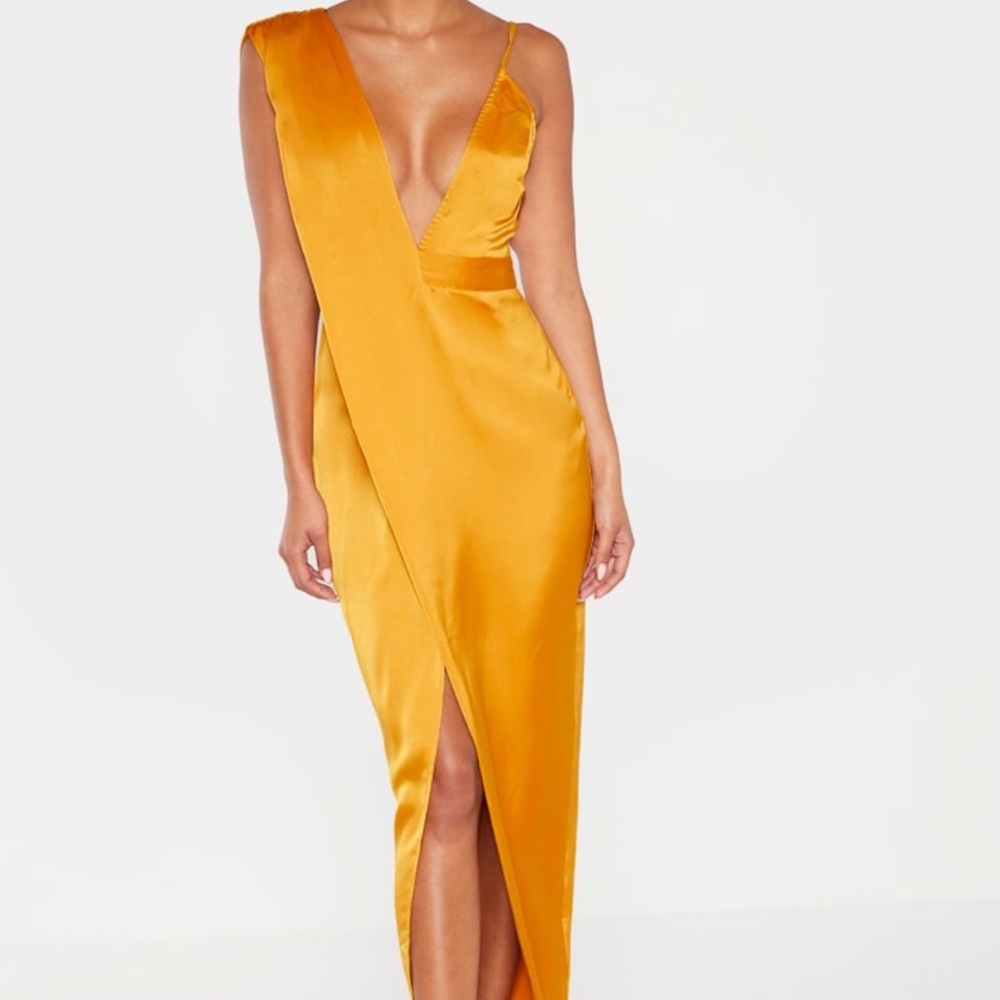 Mustard Asymmetric Drape Detail Maxi Dress